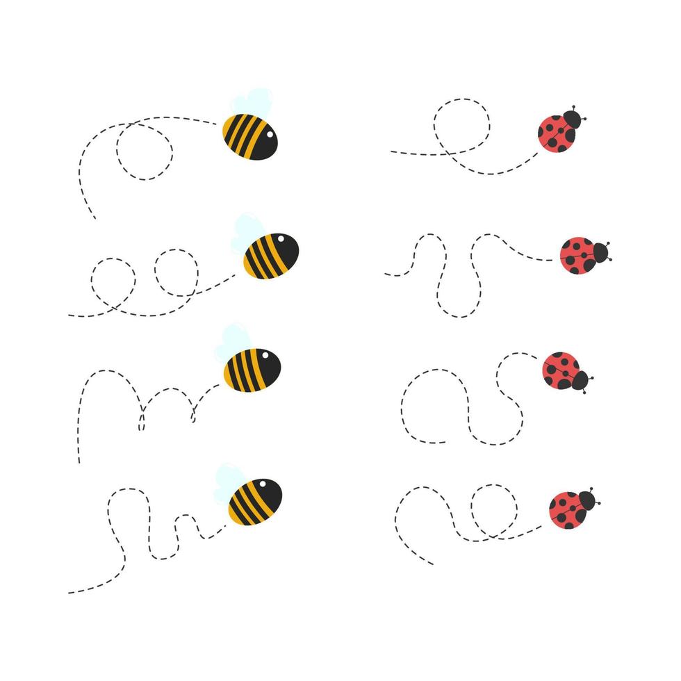 insect illustration design of bee and ladybug with trail behind. ladybugs and bees. flight trail. cute little bee and ladybug insect vector