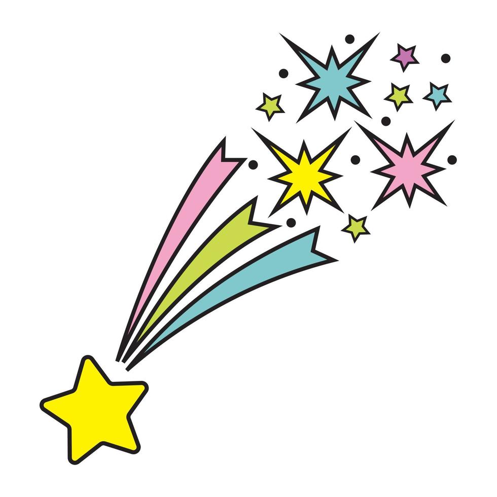 Multicolored star comet, salute. Color isolated vector illustration in cartoon style.