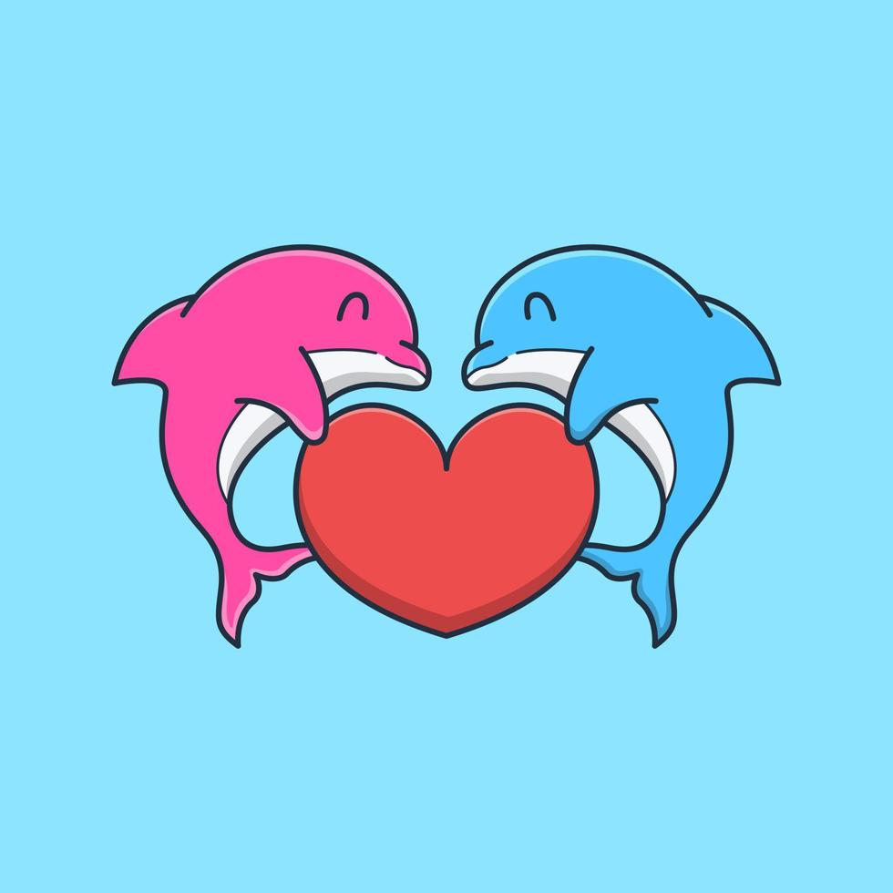 cute dolphin couple holding love in their fins. isolated animal design concept. flat cartoon style premium vector