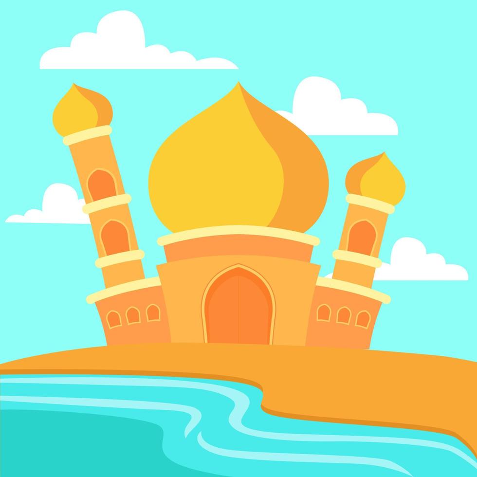 Mosque illustration design with desert and oasis landscape vector