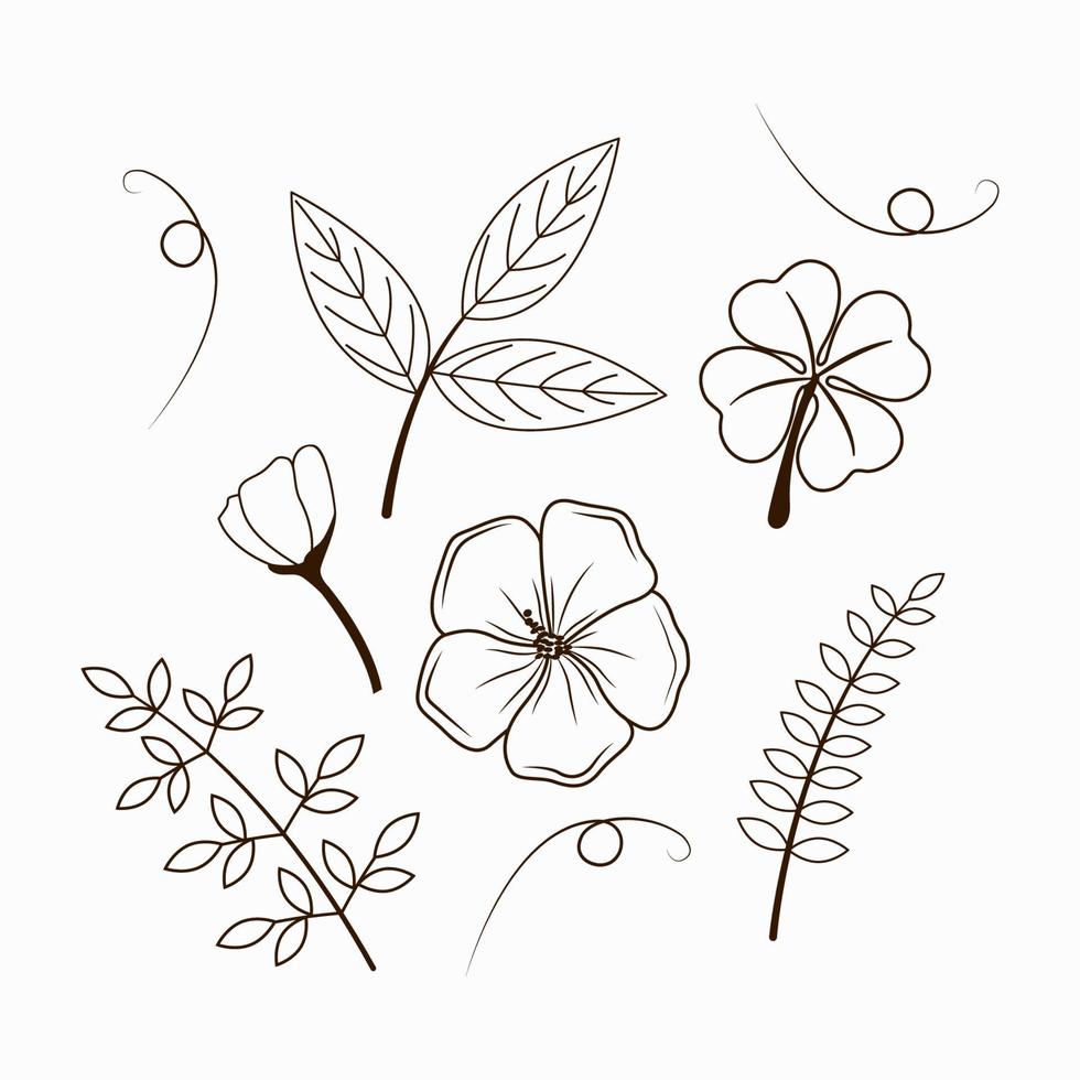 collection of outline autumn flowers and leaves with wreath vector