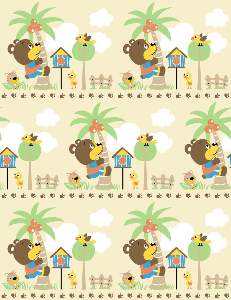 seamless pattern of bear cartoon climbing palm tree in garden with its friends vector