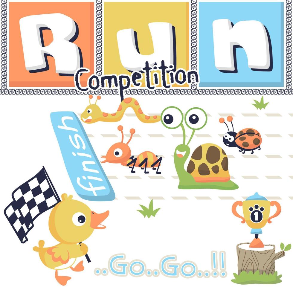 Running race with group of little animals, cute duck holding finish flag with trophy on tree stump vector