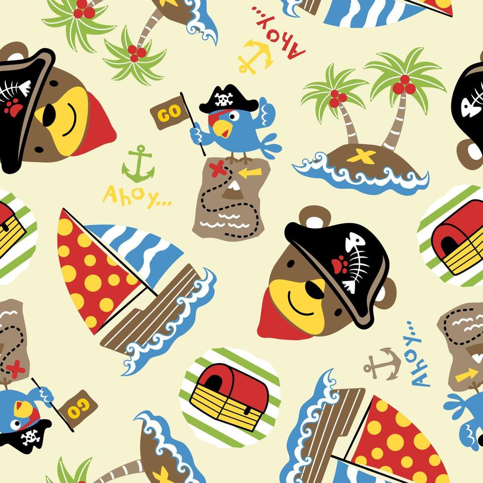 seamless pattern vector of cute bear with parrot in pirate cap, sailing pirate elements