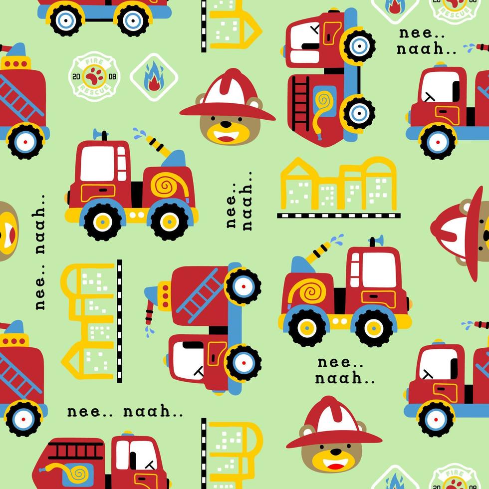 seamless pattern vector of firetruck elements with funny bear cartoon wearing fireman helmet