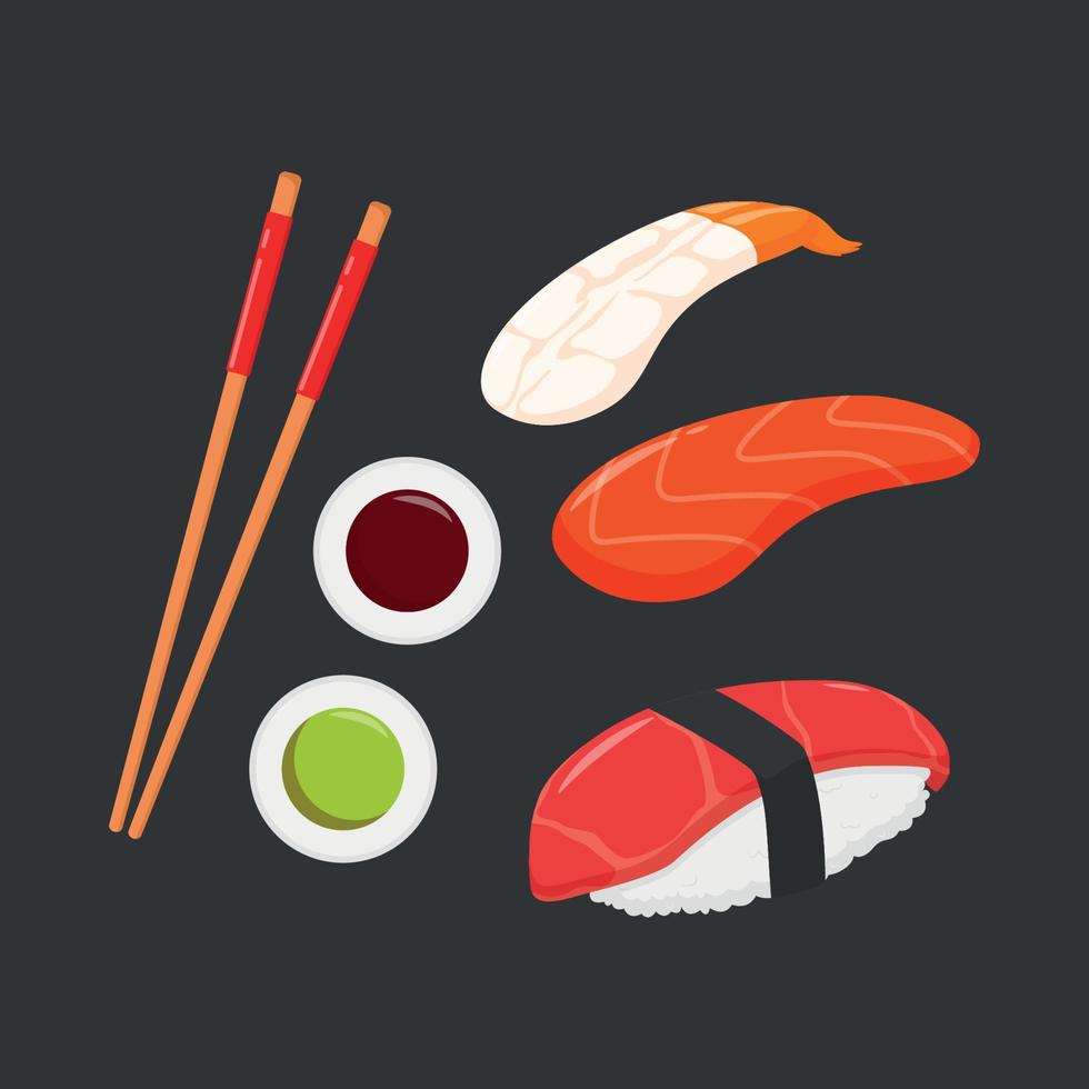 carne de res, gamba y pescado sashimi ilustración diseño con salsa y palillos vector
