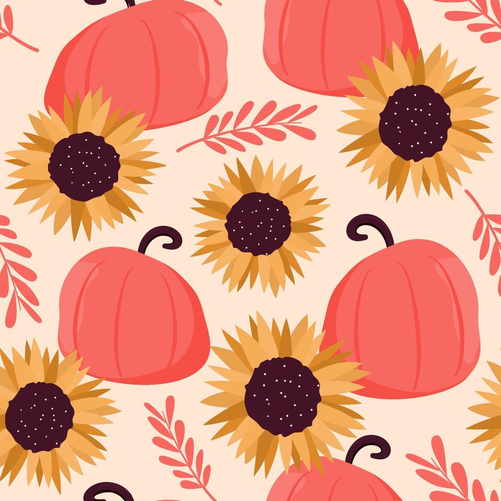 cute abstract fall autumn season  seamless vector pattern background illustration with beautiful colorful pink pumpkins, branch with leaves and sunflowers