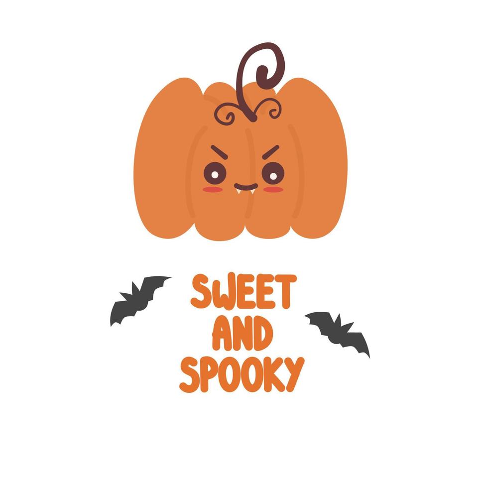 Cute hand drawn lettering sweet and spooky text with cartoon character baby pumpkin and bats. Funny halloween vector illustration
