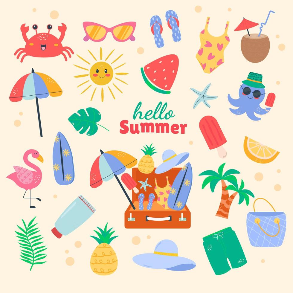 Summer set  cartoon kawaii elements cute flat doodle style vector