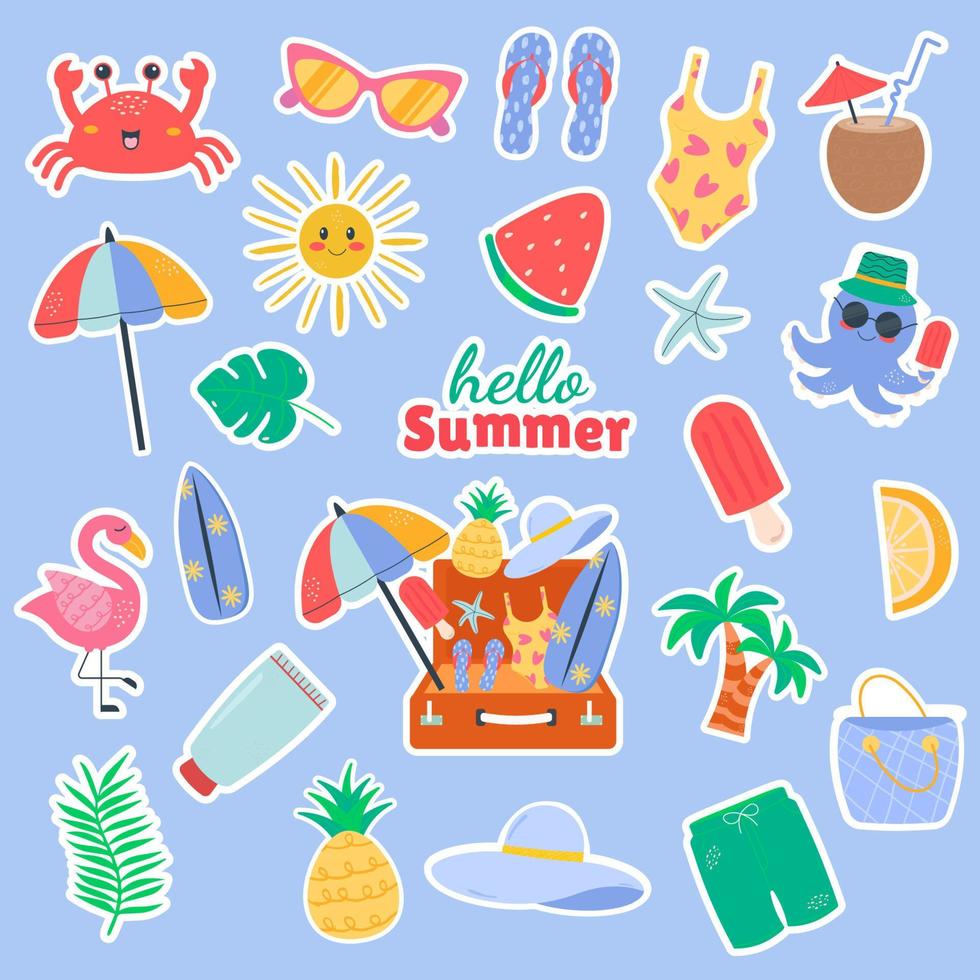 Summer set stickers cartoon kawaii elements cute flat doodle style vector