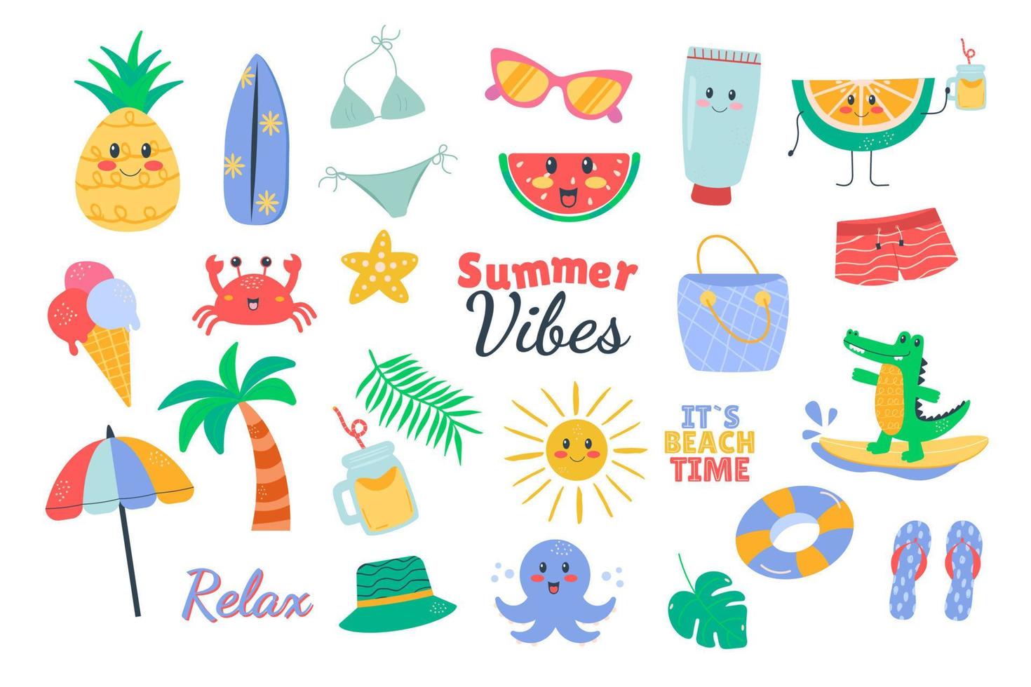 Summer cartoon kawaii accessory elements set cute flat doodle style vector