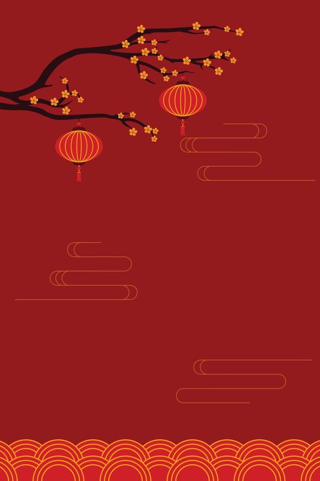 mano dibujado saludo tarjeta chino linterna diseño con ramas y flores vector