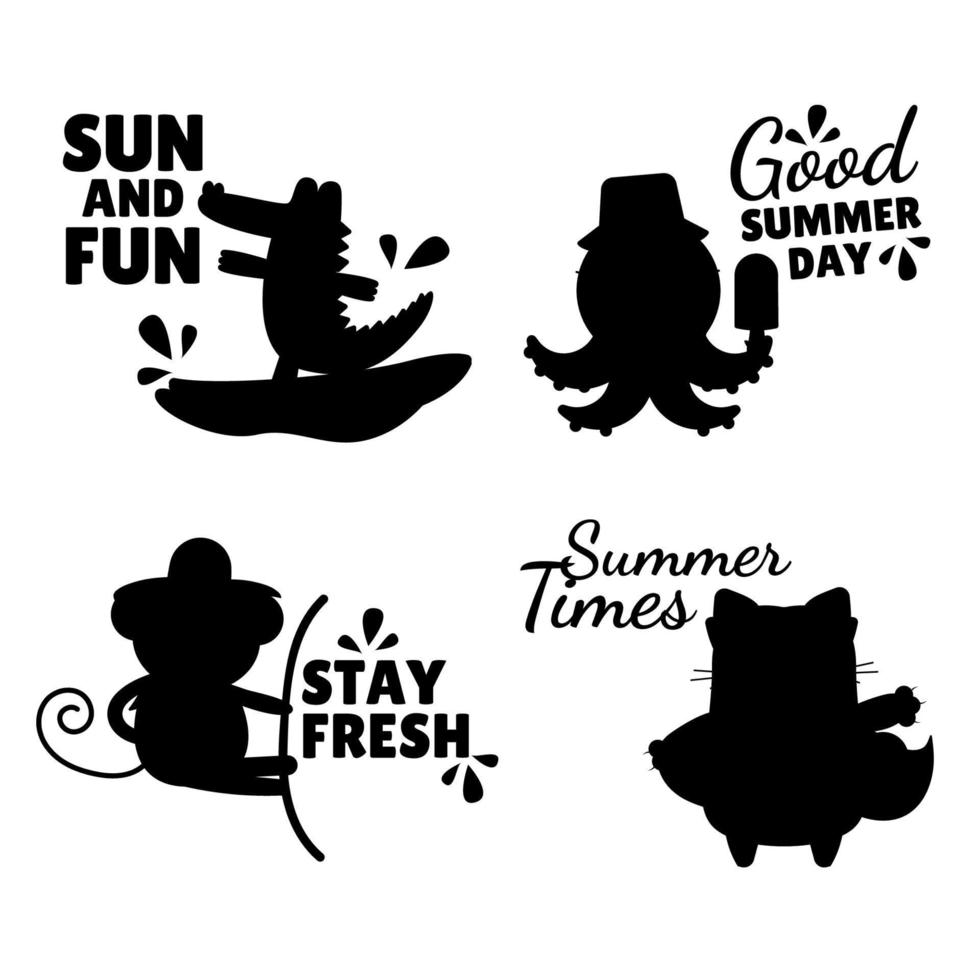 Cartoon summer silhouette animals. Crocodile, cat, octopus, monkey vector