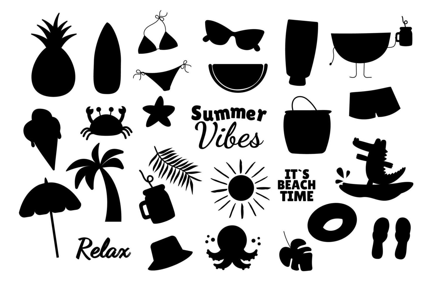 Summer silhouette  cartoon accessory elements set flat style vector