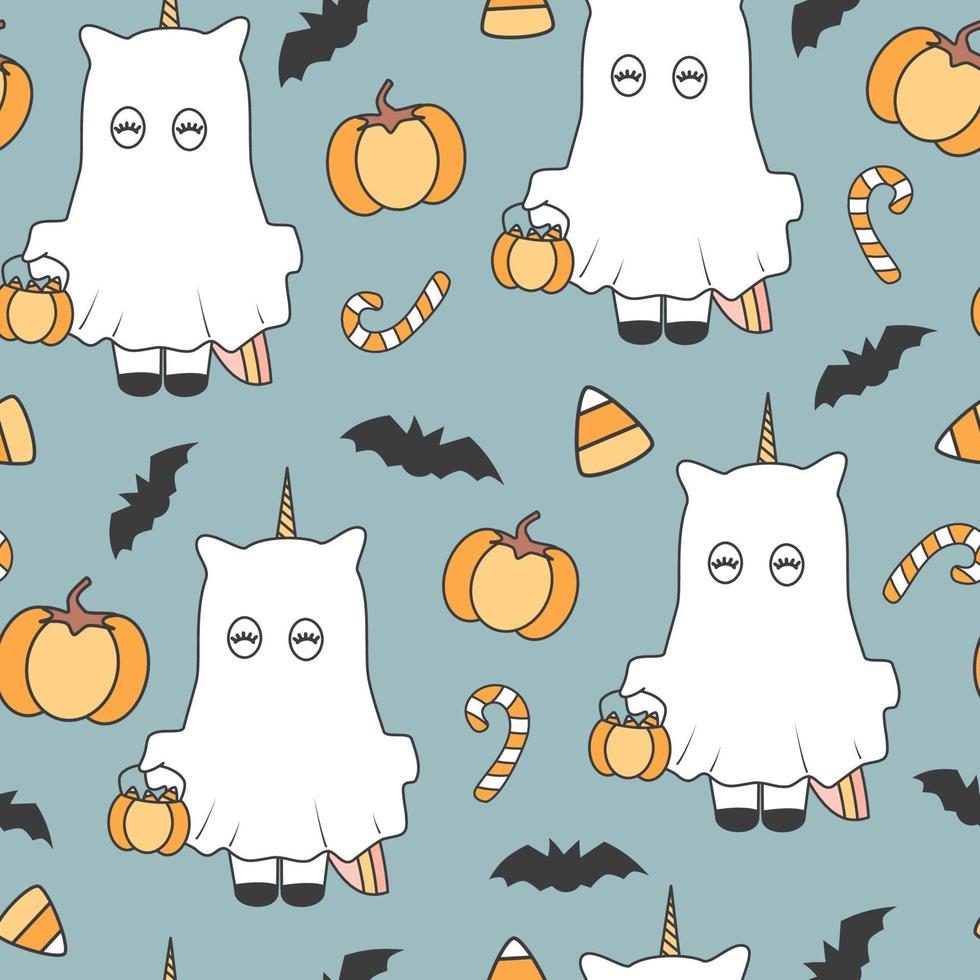 cute cartoon character ghost unicorn funny seamless vector pattern halloween illustration with bats, holidays candies and pumpkins