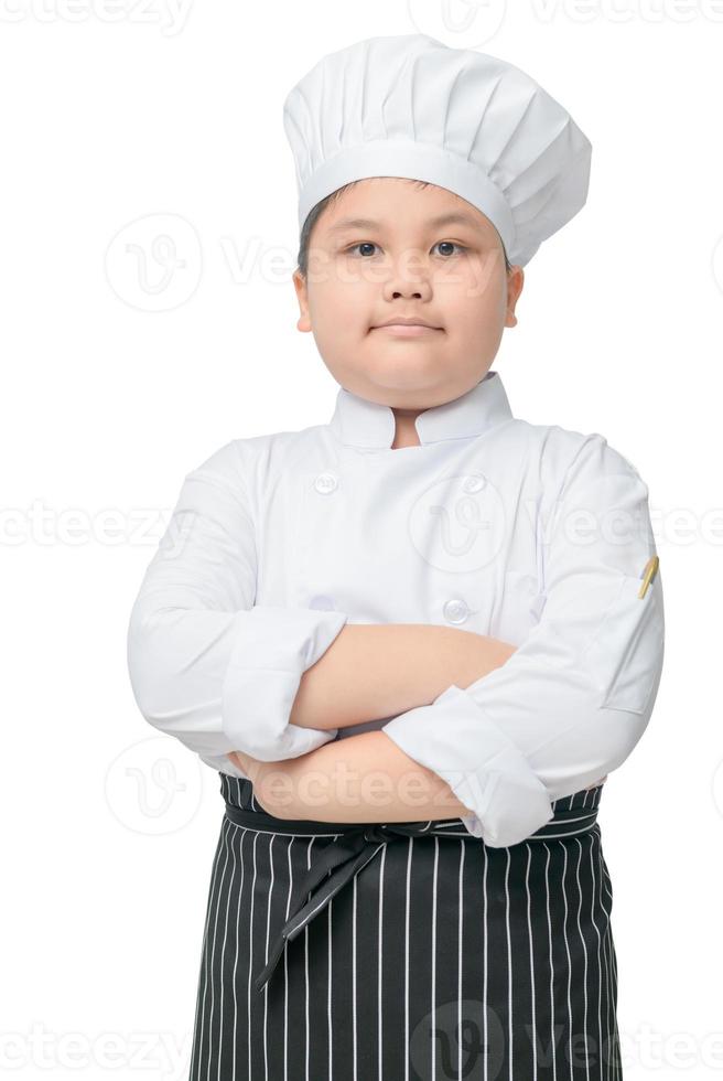 Portrait of fat boy chef with cook hat and apron photo