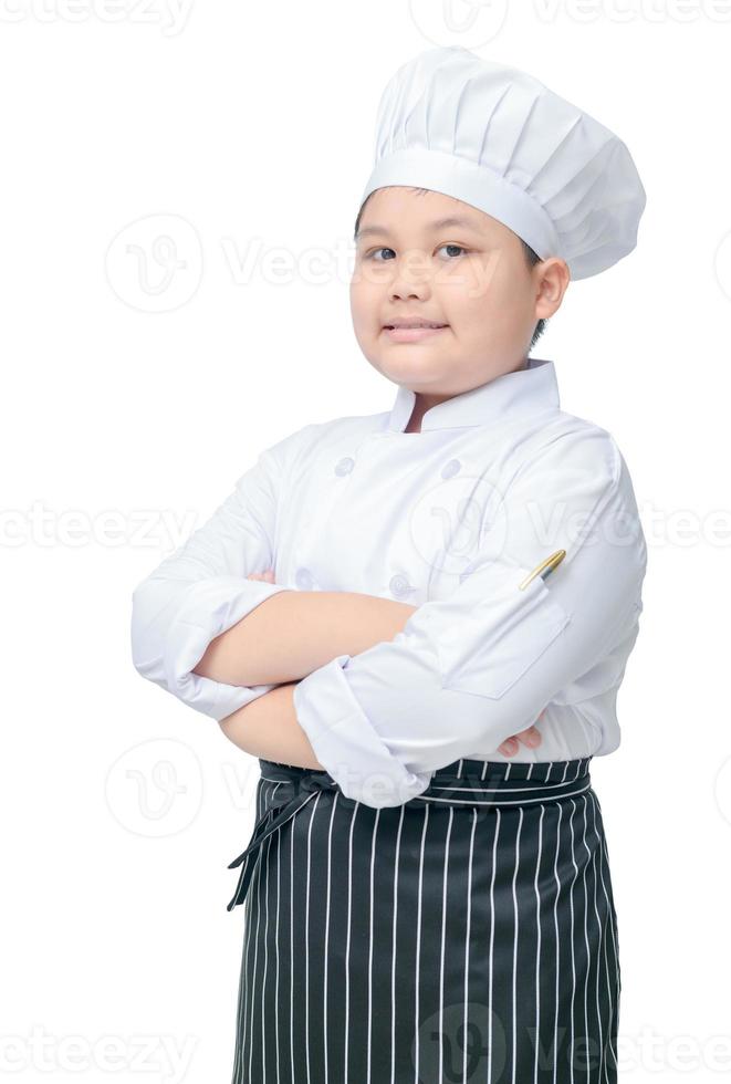 linda chico cocinero estar y sonrisa aislado foto