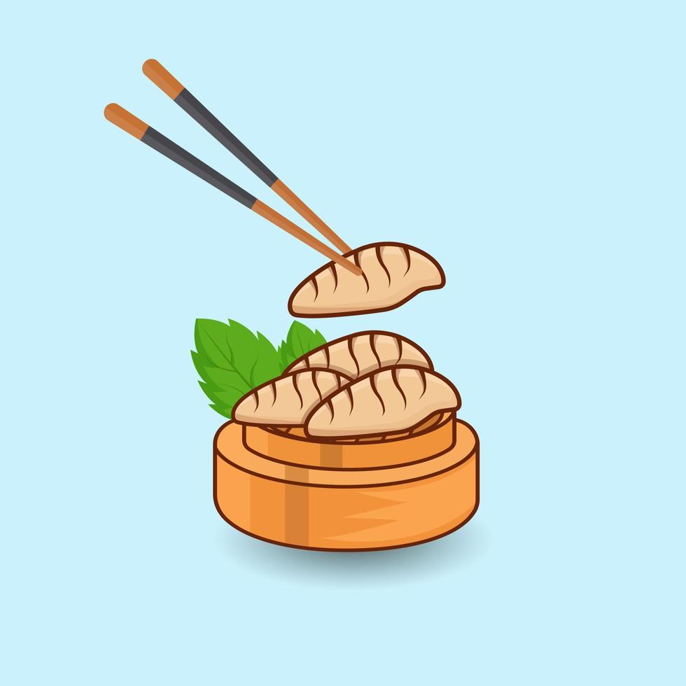 jiaozi ilustraciones vector con palillo prima vegetal jiaozi bola de masa hervida vapor bambú mínimo comida sabroso menú delicioso jiaozi comida acortar Arte.