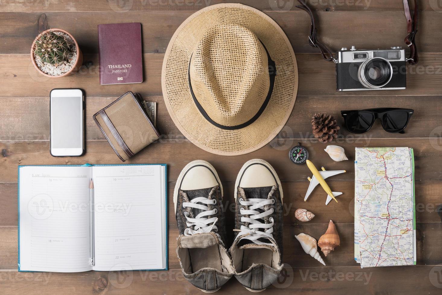 Overhead view of Traveler's accessories and items, Travel concept photo