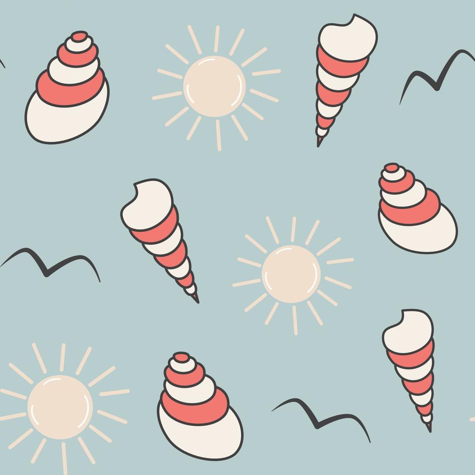 cute cartoon abstract red and white seashells seamless vector pattern background illustration with sun and birds silhouette