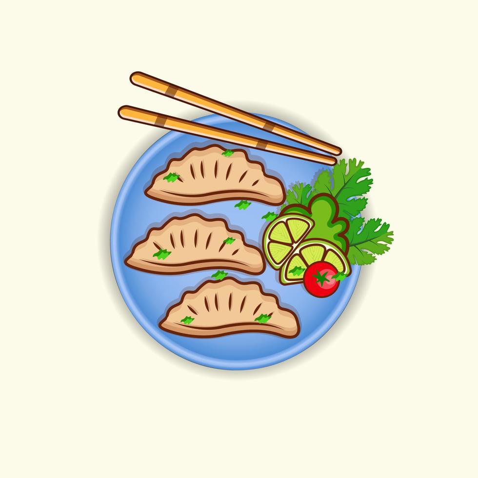 Jiaozi Vector Illustration Set, Hi-Quality Chopstick Plate Bowl Vegetable Jiaozi Dumpling Steam Bamboo Minimal Meal  Tasty Menu Delicious Food Isolated Illustration.