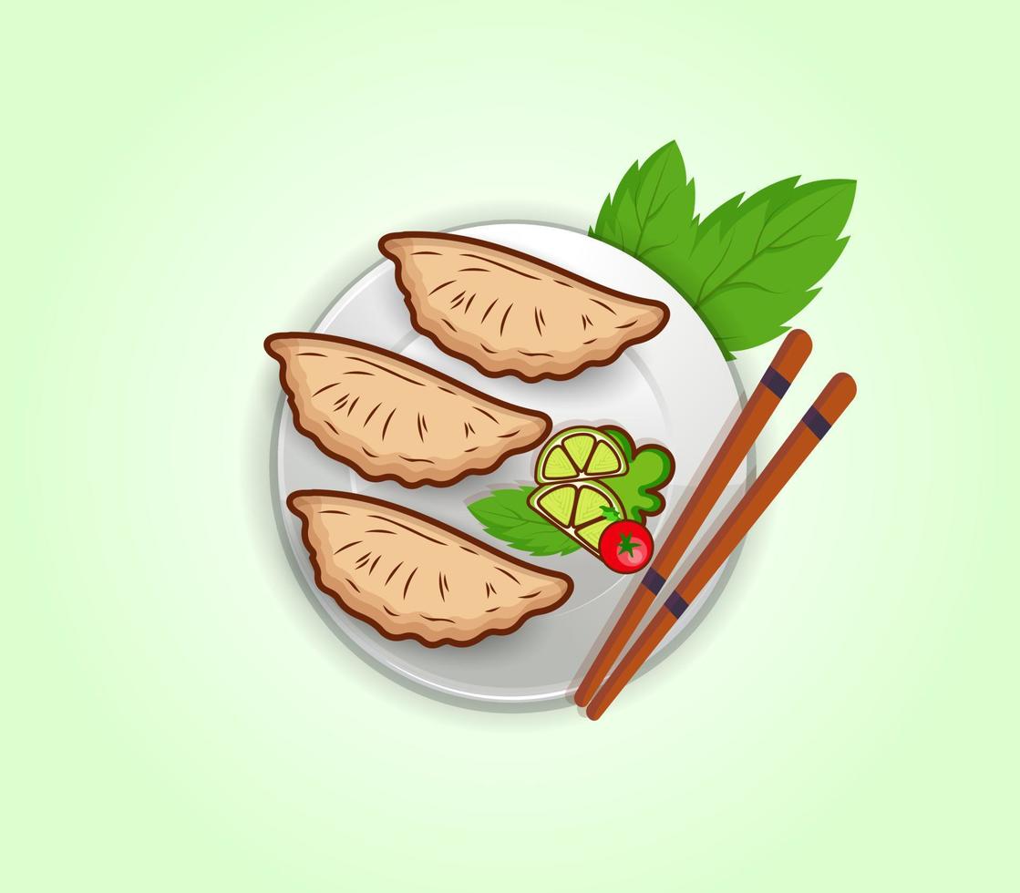 jiaozi vector acortar Arte diseño, palillo plato cuenco vegetal jiaozi bola de masa hervida vapor bambú mínimo comida sabroso menú delicioso comida aislado ilustración.