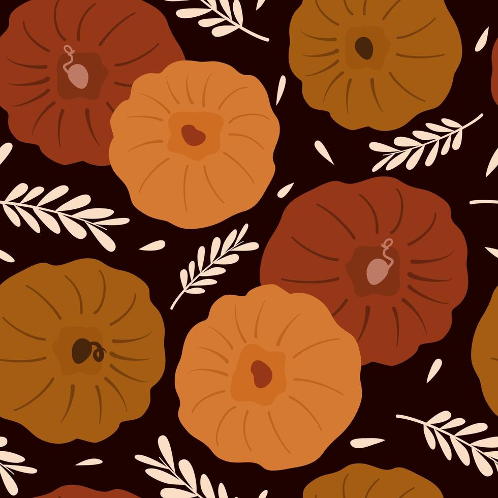 cute abstract fall seamless vector pattern illustration with pumpkins and autumn leaves on dark background