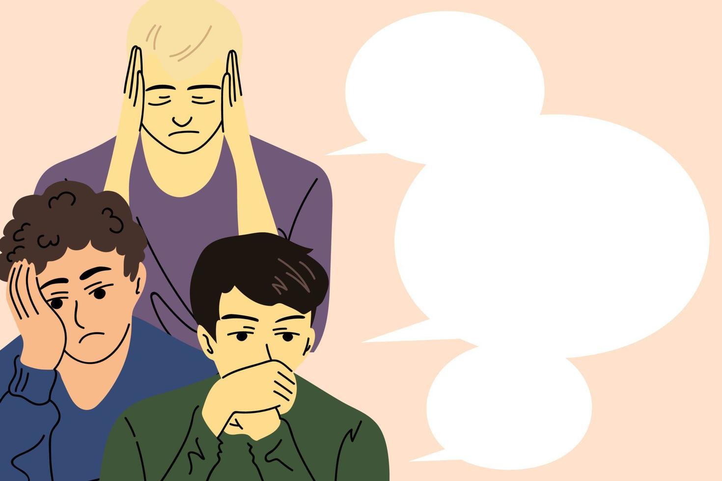 Banner with sad stressed men with bubble speech. Template. Vector illustration in cartoon flat style.