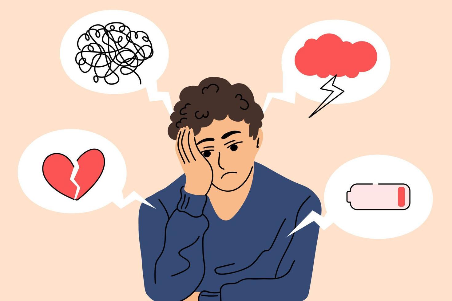 Upset guy surrounded by symptoms of depression disorder. Young man who suffers from mental health diseases. Vector illustration in cartoon flat style.