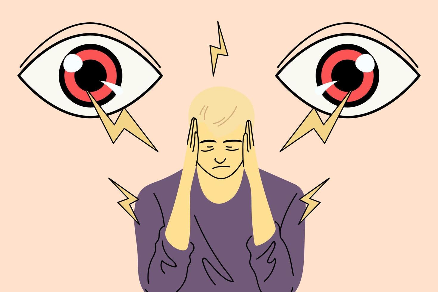 Sad guy suffers from bullying and stalkers. Young man surrounded by big eyes, feels helpless and stressed. Vector illustration in cartoon flat style.