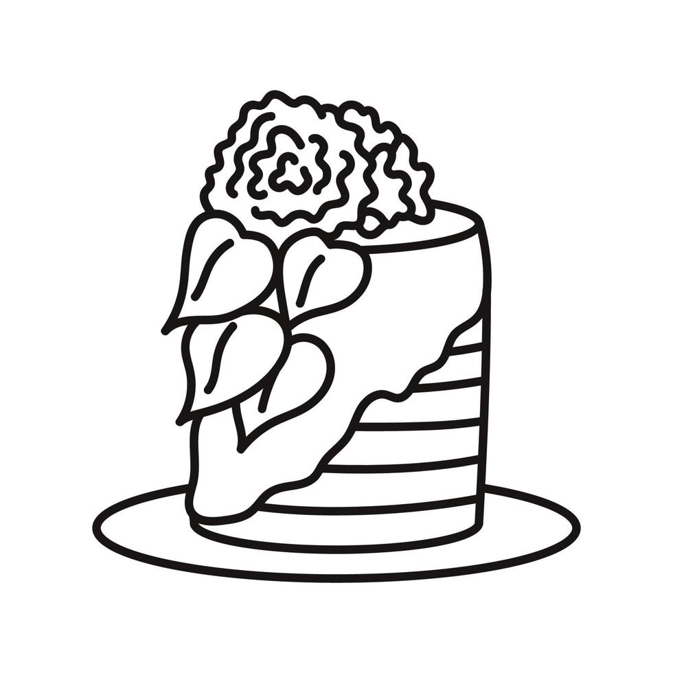 Big cake with flower decoration. Cartoon style. Hand drawn line art vector illustration isolated on white background.