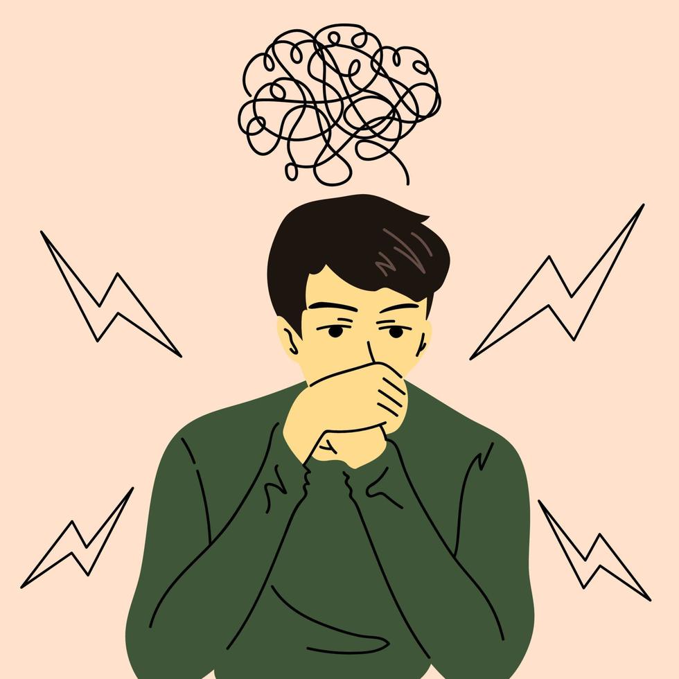 Depressed guy with nervous problems has feels anxious. Vector illustration in cartoon flat style.