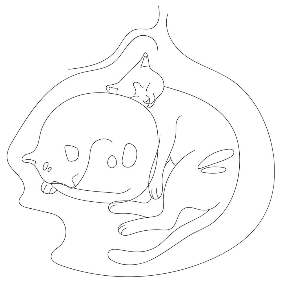 Two sleeping cats. Continuous line drawing. Hugging cats. Cat silhouette logo. vector