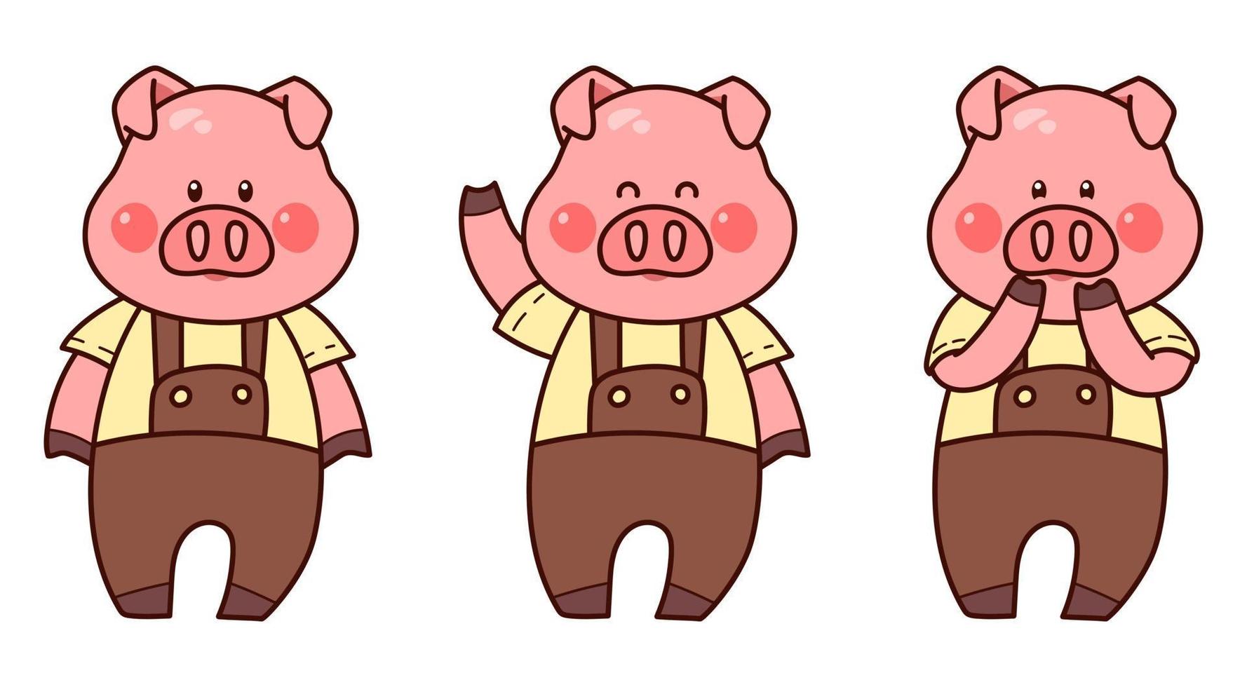 Cute pig male. Piglet in pants. Kawaii character. Set of vector illustrations.