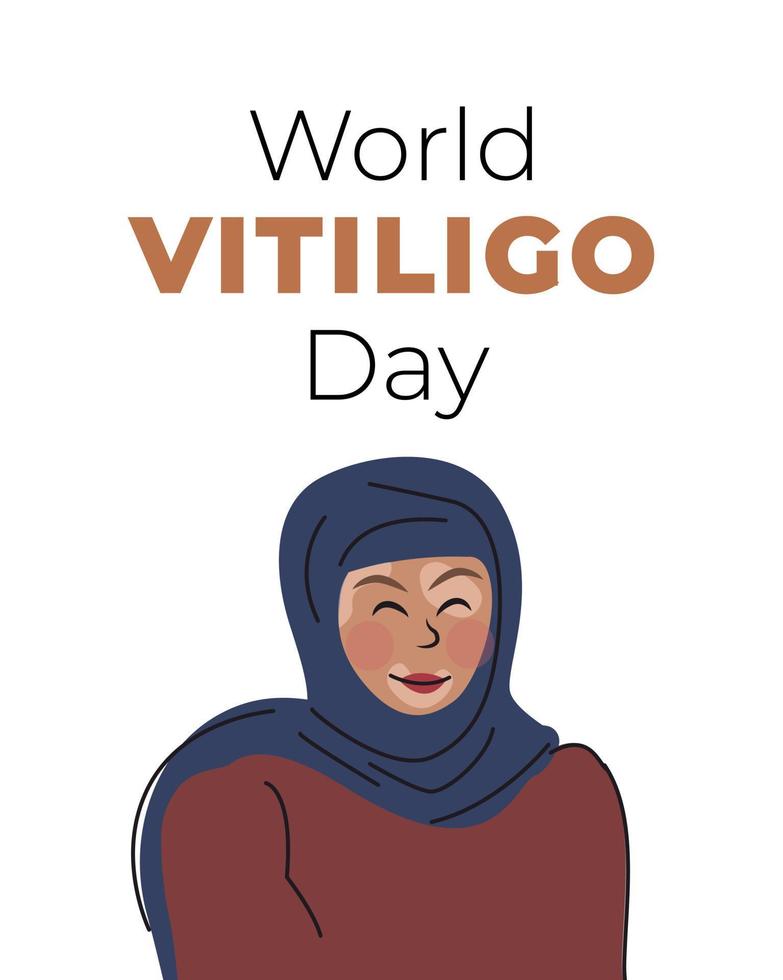 Islamic muslim woman in hijab with vitiligo. Love yourself. Banner for international Vitiligo Day. White background. vector