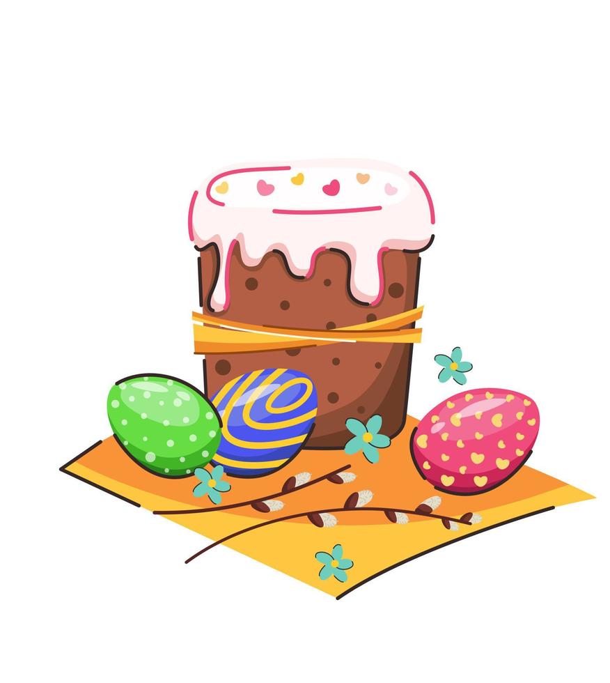 Easter cake with eggs and willow branches vector
