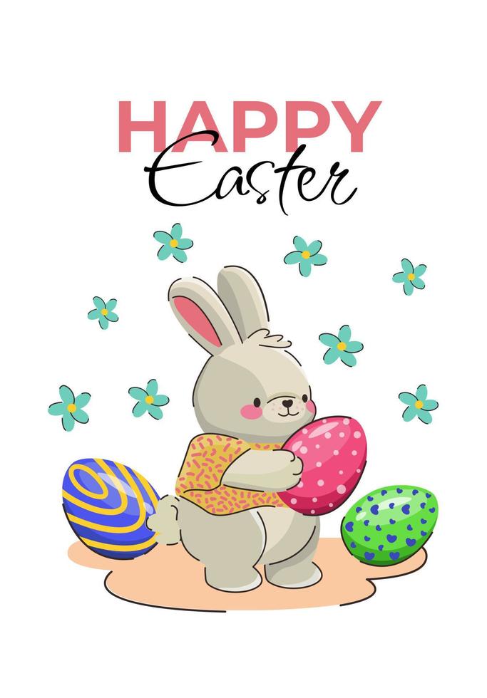 postcard Easter bunny with eggs. happy easter day. vector