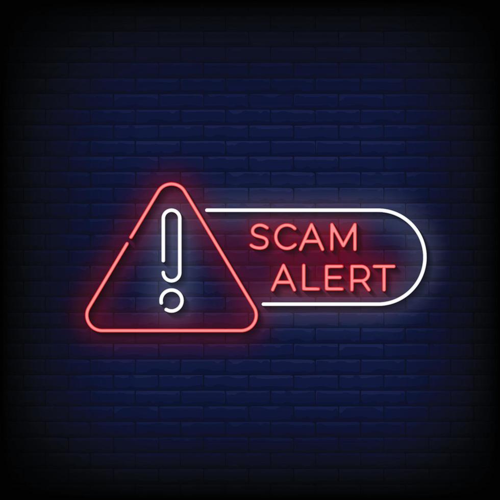 Neon Sign scam alert with brick wall background vector
