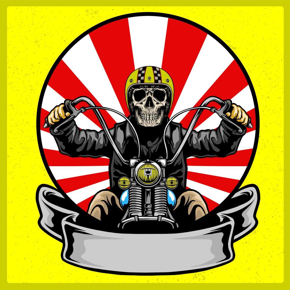 skull with classic helmet riding motorcycle with sun burst emblem vector illustration