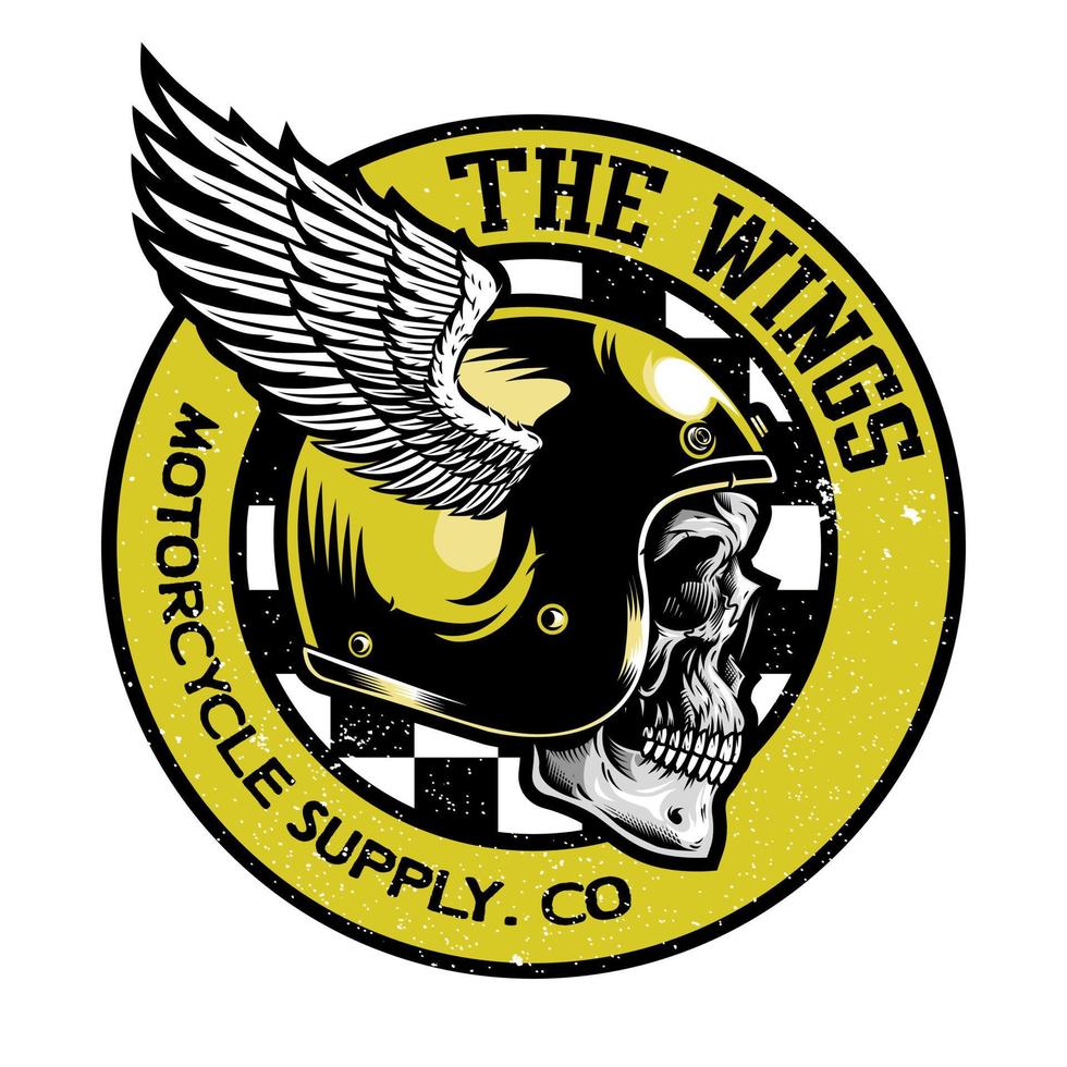 cráneo vistiendo motocicleta casco y alas emblema vector ilustración