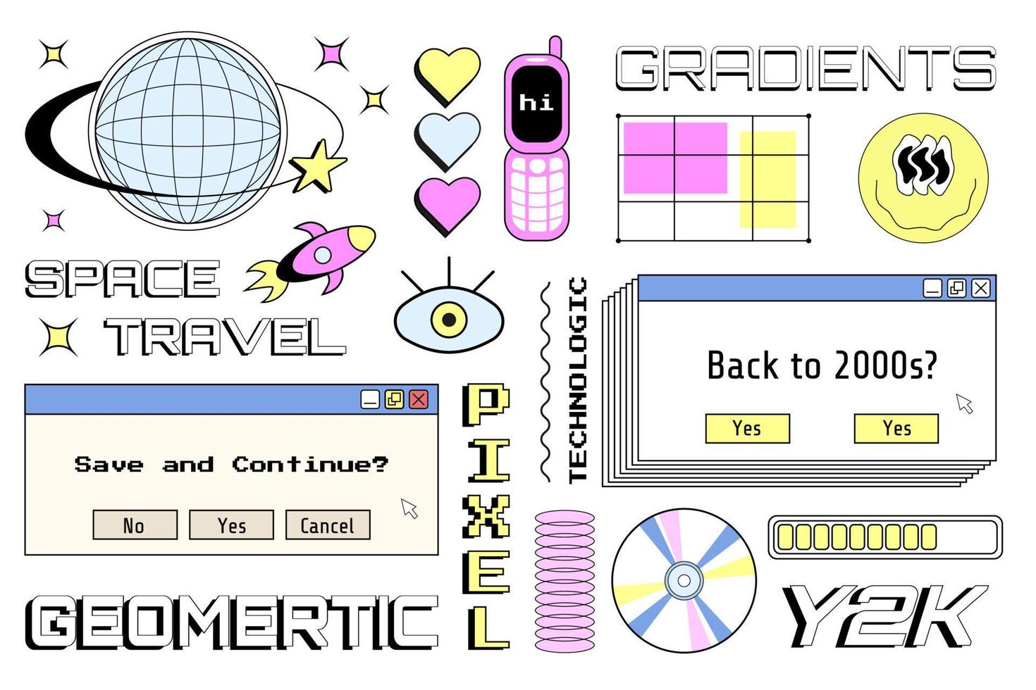 Set of Y2K elements, group of vector objects in Y2K style, nostalgic illustrations, futuristic objects, old-fashioned text.