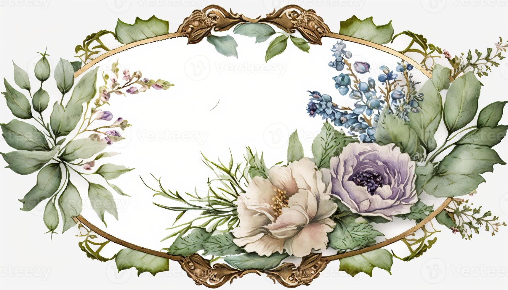 , Watercolor frame with spring flowers, hand drawn art style with place for text. Greeting, birthday and other holiday, wedding invitation concept photo