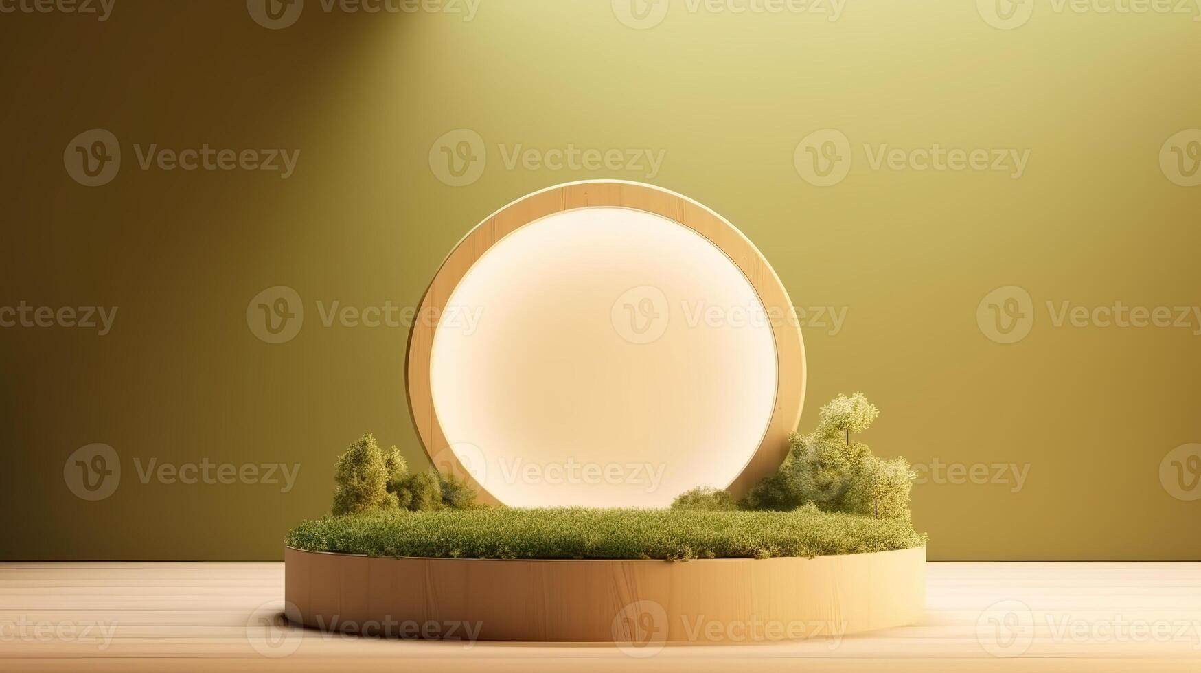 , product beige minimal scene with geometric podium platform and moss plants, mock up stand for cosmetic products. photo