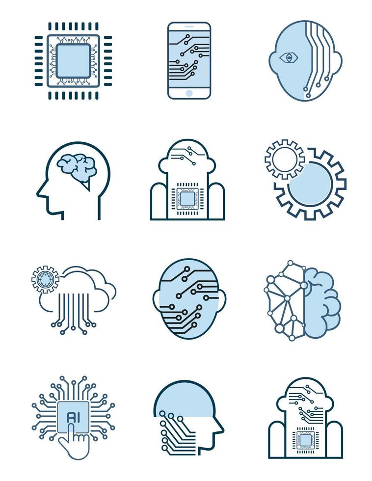 Artificial intelligence icons set. Collection of high quality outline web pictograms in modern flat style. Black machine learning symbol for web design and mobile app on white background vector