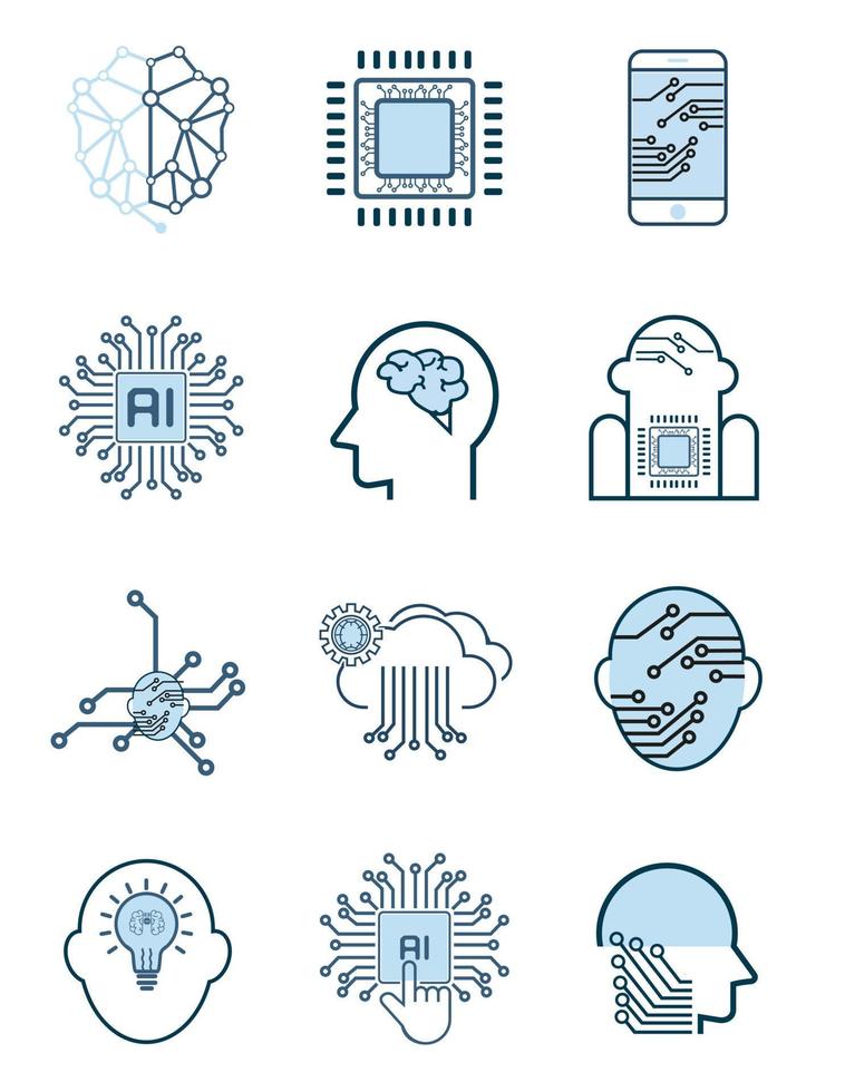 Groups of Artificial intelligence icons set. Collection of high quality outline web pictograms in modern flat style vector