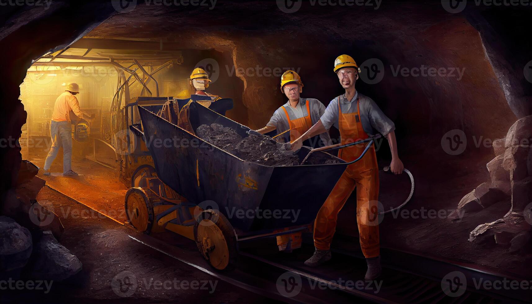 Underground mining Coal mining in mine Miner in underground mine on coal mining work. Mine workers on Underground hardrock mining Hard rock mine equipment Labor Day photo