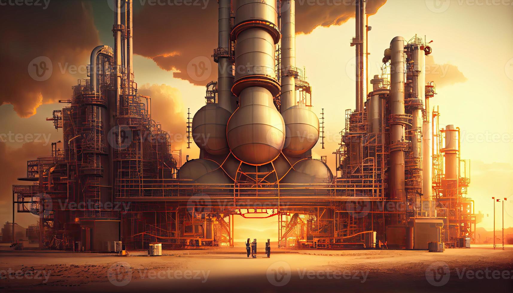 Oil refinery with people at work. Large industrial refinery with intricate pipelines Labor Day and the importance of workers photo