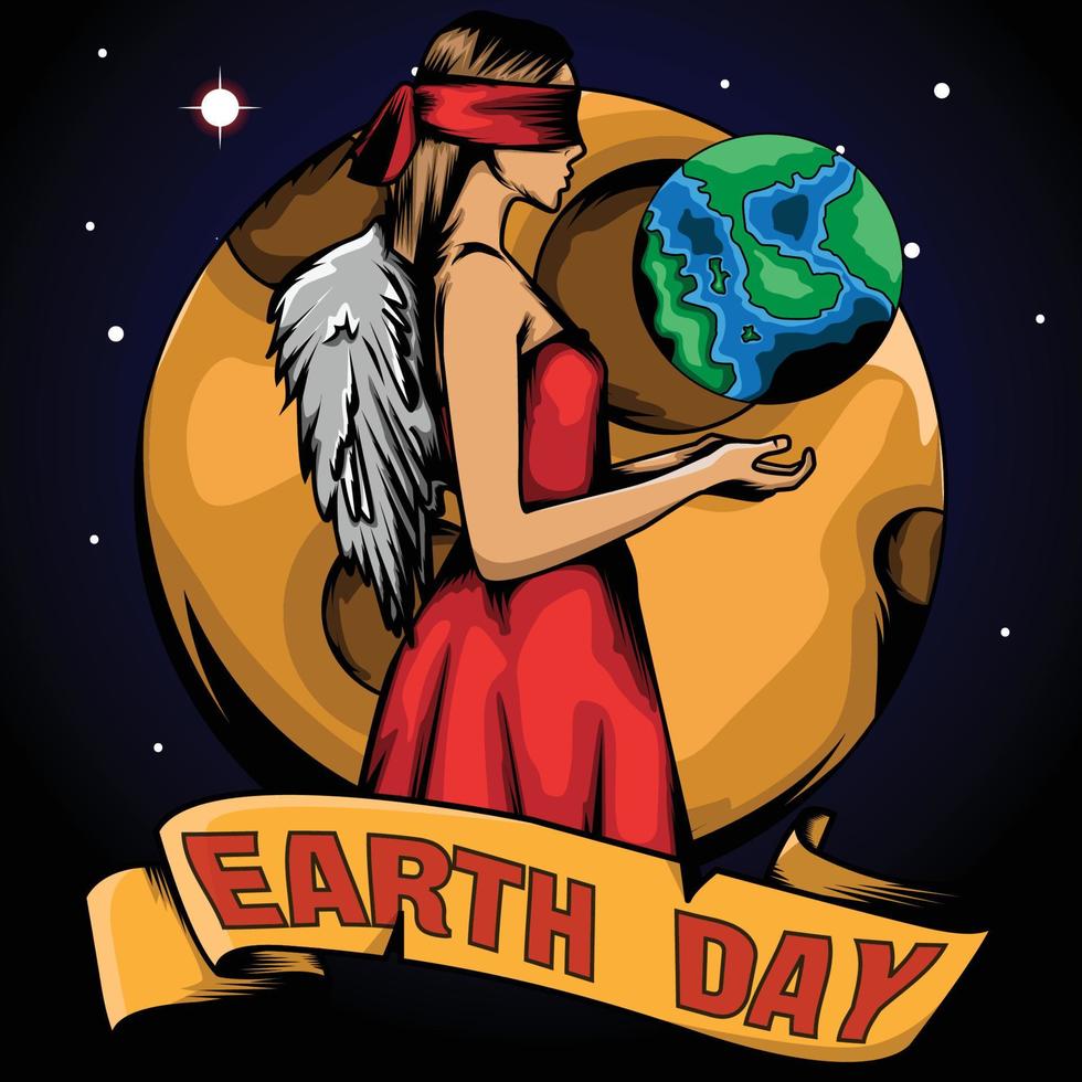 earth day vector awareness artwork with angels and globe