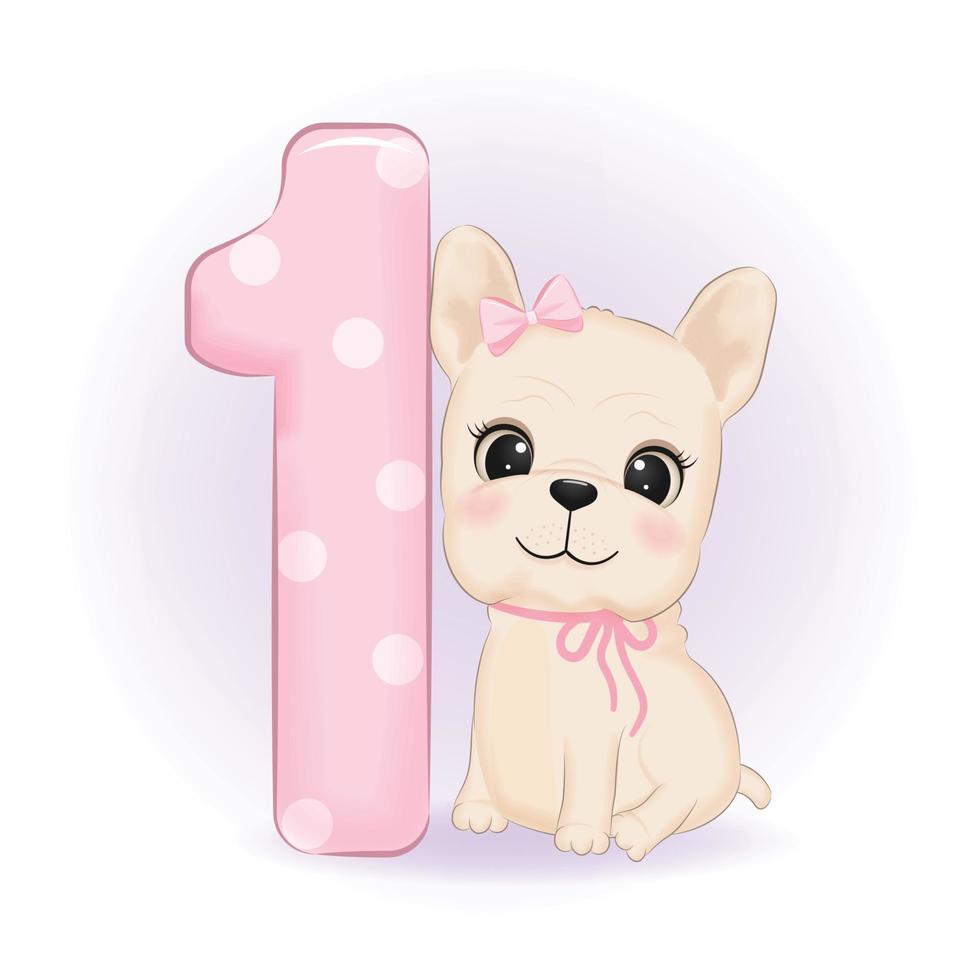 Cute French Bulldog and number 1, First Birthday party, Happy birthday 1 year old vector
