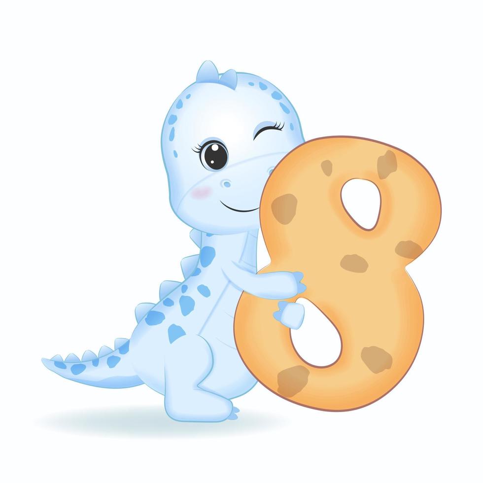 Cute Blue Dinosaur with number 8, cartoon illustration vector